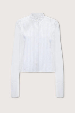 flat lay Cropped Tux Shirt In White with stripe contrast 