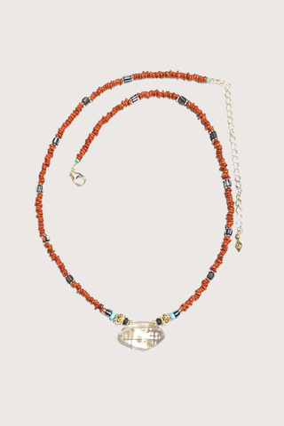 flat lay Crystal Coral Necklace Vintage African beads and vintage cristal pendant, gold-plated 18K

Each piece is one of a kind

Length: 18” - 46cm & 10cm extension chain