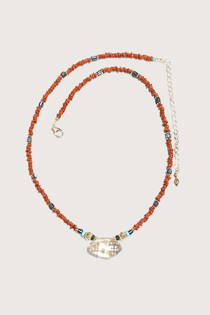 flat lay Crystal Coral Necklace Vintage African beads and vintage cristal pendant, gold-plated 18K

Each piece is one of a kind

Length: 18” - 46cm & 10cm extension chain