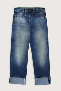 flat lay Cuffed BF Jean Abyss selvedge blue Italian selvedge denim