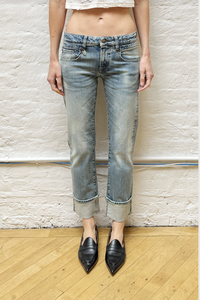 front profile model wearing  Cuffed Boy Straight Lapis Selvedge Blue Jean lapis blue mid wash Low rise
Slim straight
Cropped leg
Comfort stretch Japanese Selvedge Denim cotton