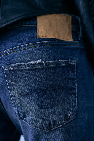 back pocket detail and logo patch for Cuffed Boy Straight Stretch Jean dalson mid blue wash Slim straight fit
Low rise
Cropped leg
13 oz. comfort stretch Japanese selvedge indigo denim with a dark wash
Heavy wear pattern
98% Cotton 2% Elastane