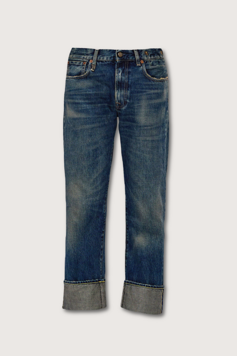 flat lay Cuffed Boyfriend Selvedge Jean straight fit blue wash