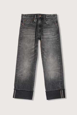 flat lay Cuffed Romeo Cinder Black mid rise straight slim fit jean dark black wash