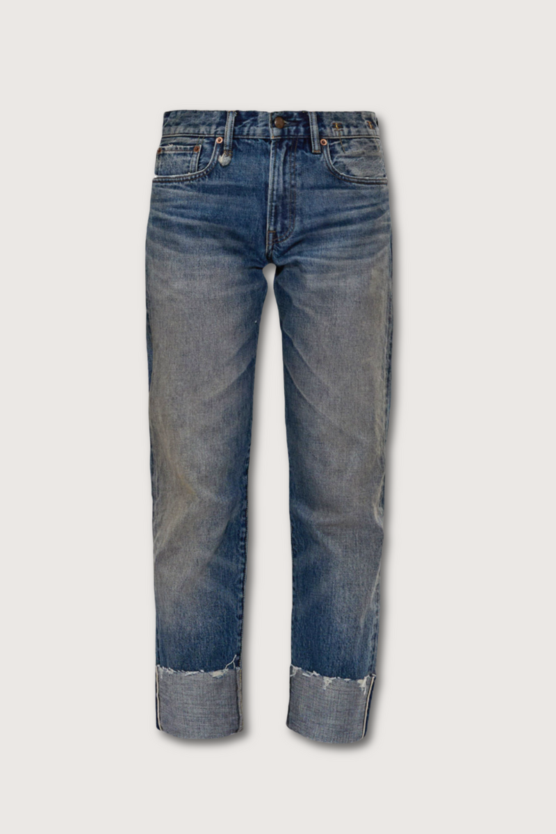 flat lay Cuffed Romeo Selvedge Jean slim straight blue wash