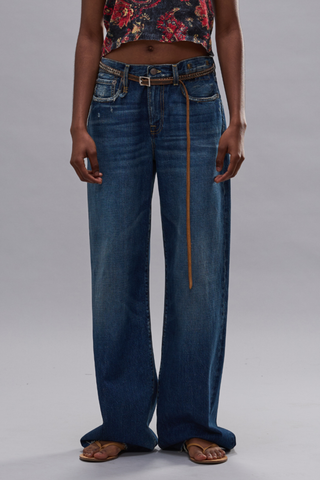 front profile model wearing D'arcy Loose Jean oasis blue Relaxed wide leg
5pkt jean
Built with turkish rigid indigo denim. 13 oz raw hem with slight distressing though-out