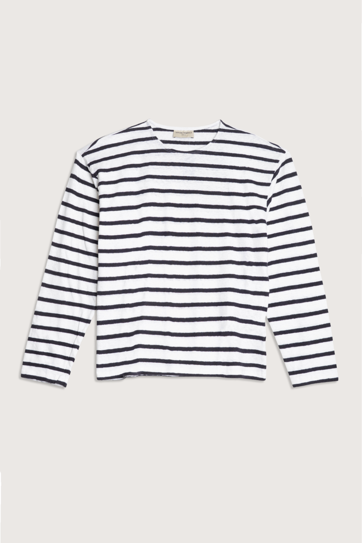 flat lay Dakota Long Sleeve Stripe Tee navy white stripe Slightly loose fitted long-sleeved tee-shirt.
Boat neck
Large crew-neck