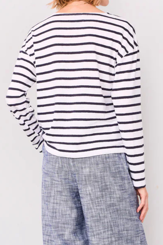 back profile model wearing Dakota Long Sleeve Stripe Tee navy white stripe Slightly loose fitted long-sleeved tee-shirt.
Boat neck
Large crew-neck