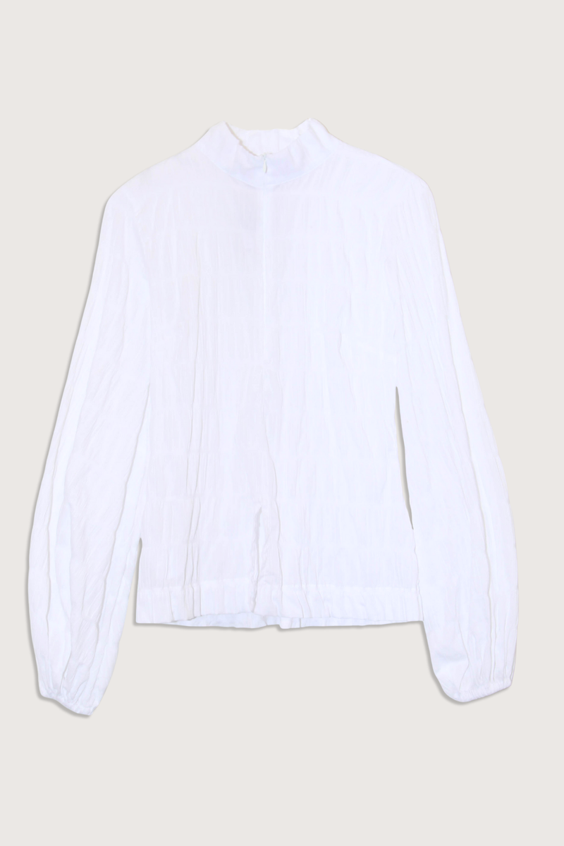 flat lay Dalila Elastic Long Sleeve Top White Elastic ruching detail throughout
Long sleeve
zip front closure