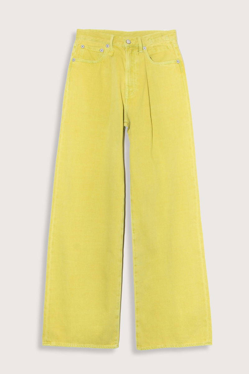 flay lay Damon Pleated Jean Pleated Wide leg jean
Yellow bleack/overdye Japanese indigo denim. 13oz