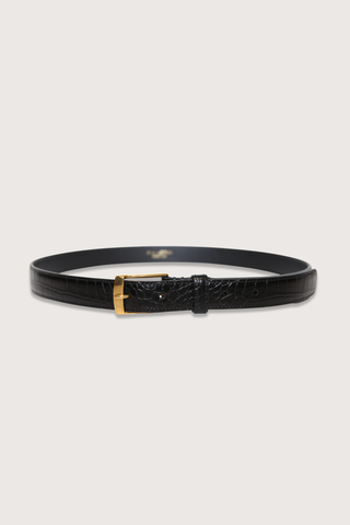 flat lay Dana Belt Black/Gold 25mm wide belt
Embossed croc
Italian leather
Leather keeper
Custom gold hardware finish
Italian hardware with engraved logo on the back
Lined in black contrasting leather