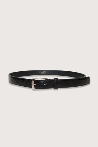 flat lay Dana Belt Black/Silver 25mm wide belt
Embossed croc
Italian leather
Leather keeper
Custom gold hardware finish
Italian hardware with engraved logo on the back
Lined in black contrasting leather