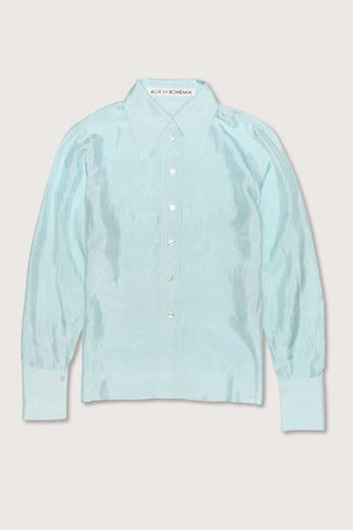 flat lay Dana Morning Dew Silk Shirt light turquoise Hand-loomed silk
Vintage-inspired shirt
'70s dagger collar
Dramatic French cuffs that can be styled fastened or left undone