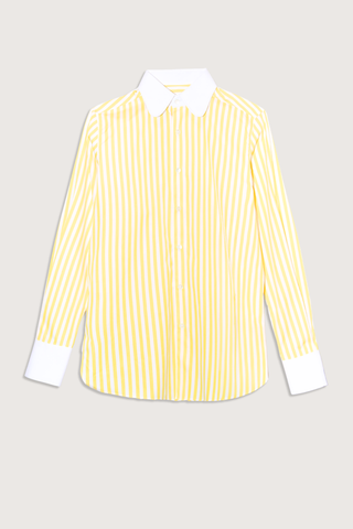 flat lay Dandy Shirt  Square collar
Rounded cuffs
Contrast white collar and cuffs
Vertical yellow and white stripe
Cotton
Button front closure