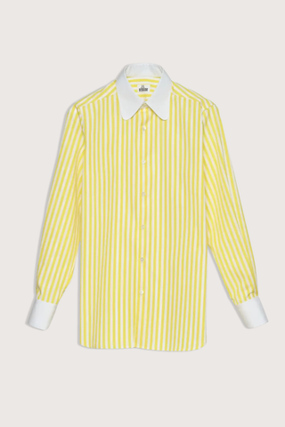 flat lay Dandy Shirt yellow white vertical stripe Exaggerated white curved collar set against bright yellow striped cotton poplin
Straight cut - classic fit
Back yoke with pleat
Round collar
Rounded cuff
Mother-of-pearl buttons
Medium weight cotton
100% two-ply cotton poplin woven in Italy