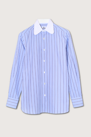flat lay Dandy cotton Shirt vertical blue stripe With White Collar curved tip with 