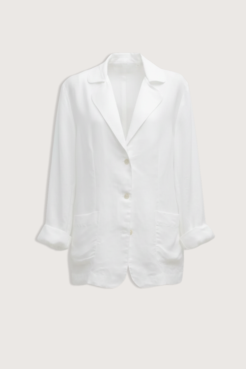 flat lay Daniel Jacket parchment white blazer style
Notch lapel
Button closure
Patch pockets
Italian-crafted lightweight linen
Light sheen