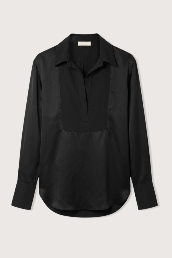 flat lay Dara Tuxedo Split Neck Silk Top black Long sleeve
Silk charmeuse
Button cuffs
Classic collar