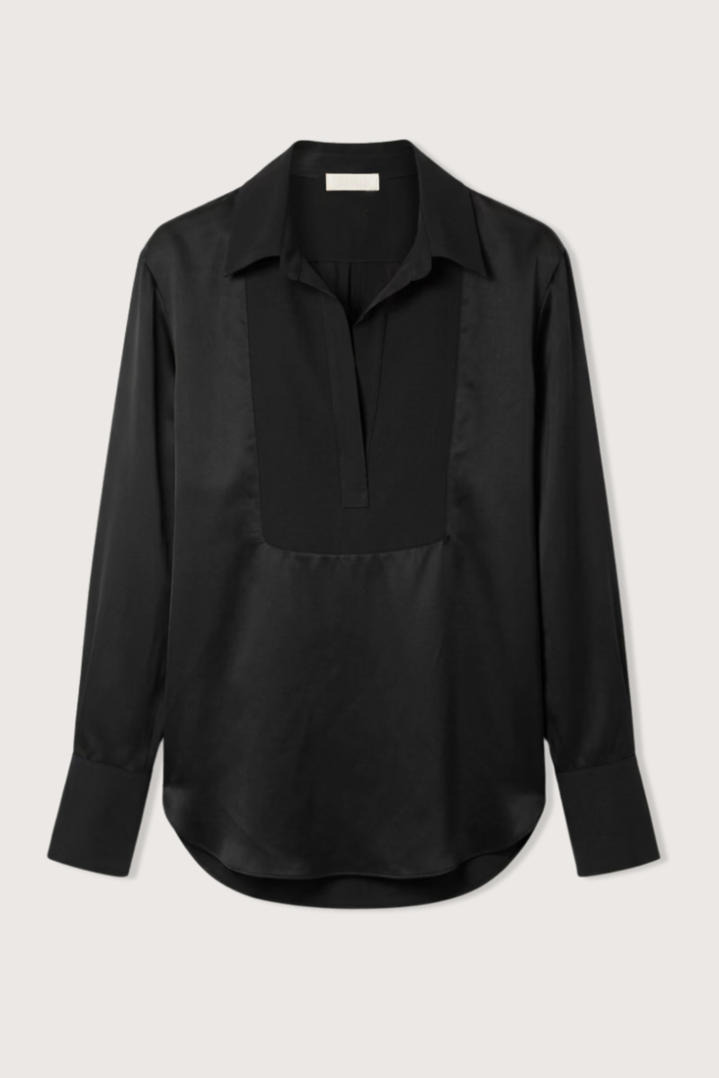 flat lay Dara Tuxedo Split Neck Silk Top black Long sleeve
Silk charmeuse
Button cuffs
Classic collar