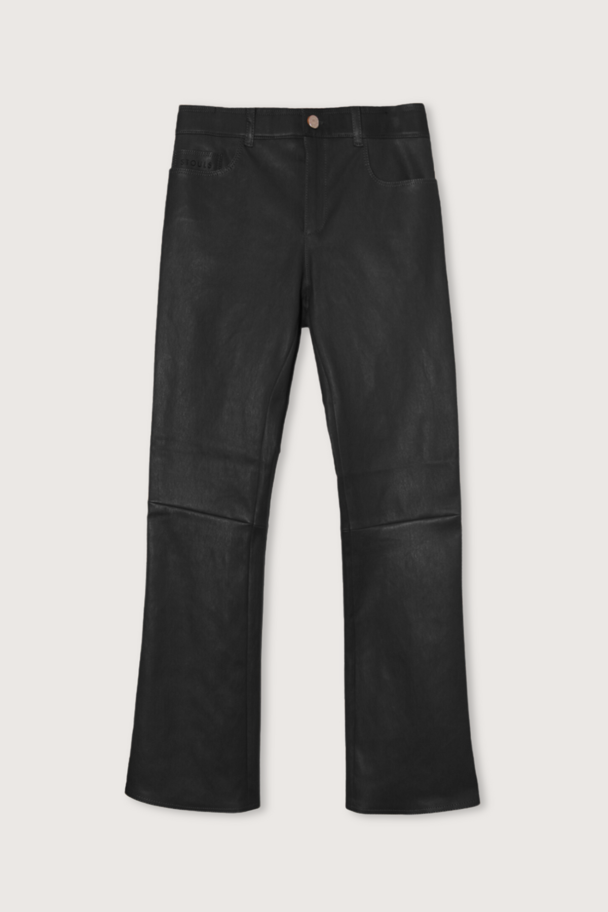 flat lay Dean 22 Washable lambskin Leather Pant  Noir flared hem button closure