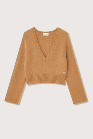 flat lay Deep V-Neck Sweater Long sleeves tiger's eye camel Ribbed edges Gold-tone GANNI Butterfly logo relaxed fit