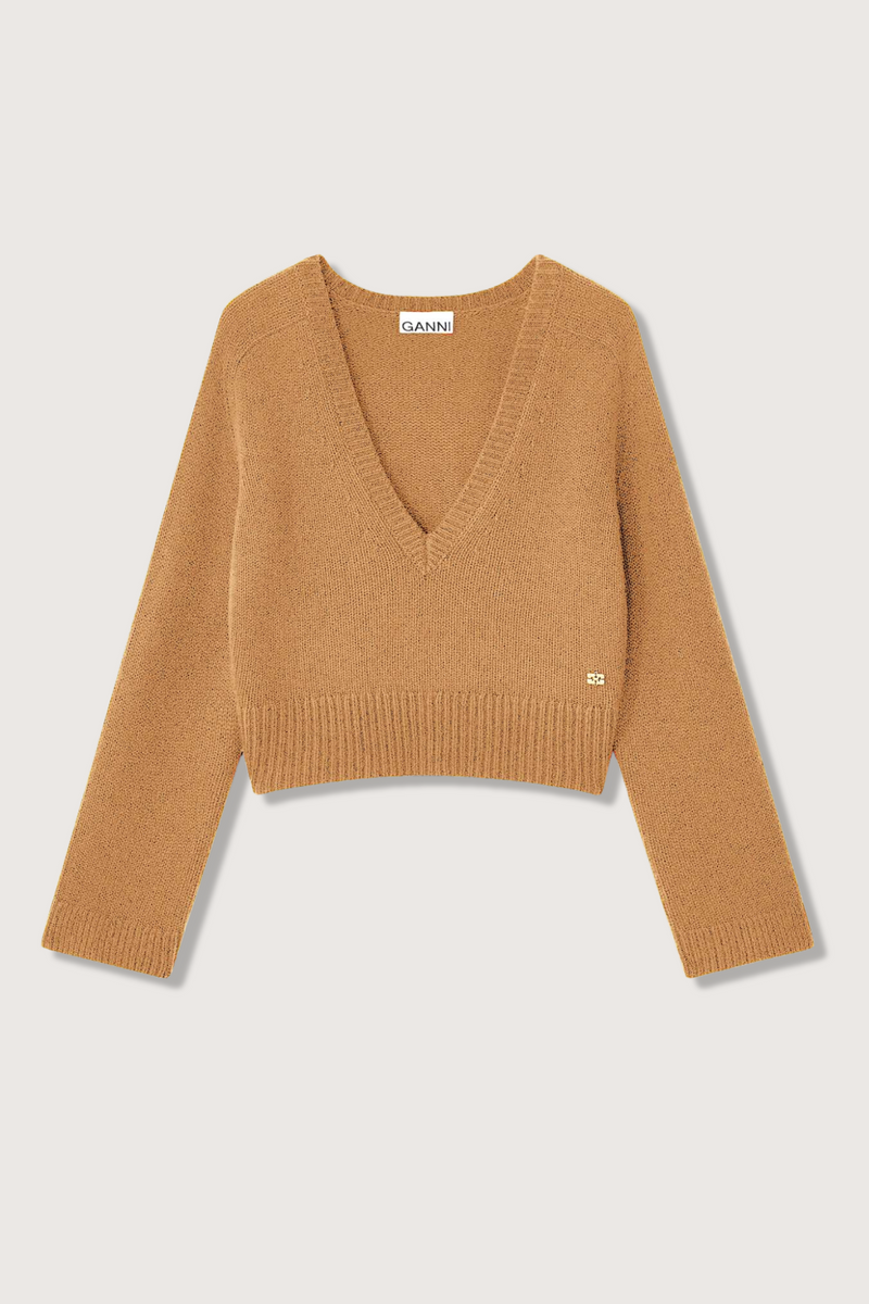 flat lay Deep V-Neck Sweater Long sleeves tiger's eye camel Ribbed edges Gold-tone GANNI Butterfly logo relaxed fit