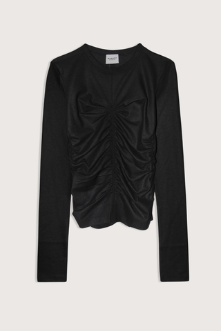 flat lay Delesa Ruched Flannel Jersey Top black Crewneck
Long sleeves
Pullover style
Ruched at front and lower back
Made in Portugal
66% polyester/29% wool/5% elastane