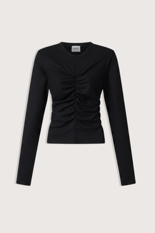 flat lay Delesa Ruched Flannel Jersey Top black Ruched top in solid flannel jersey
Fitted silhouette
Ruching at the front and back
Round neckline
Long sleeves
Polyester 66% Wool 29% Elastane 5%