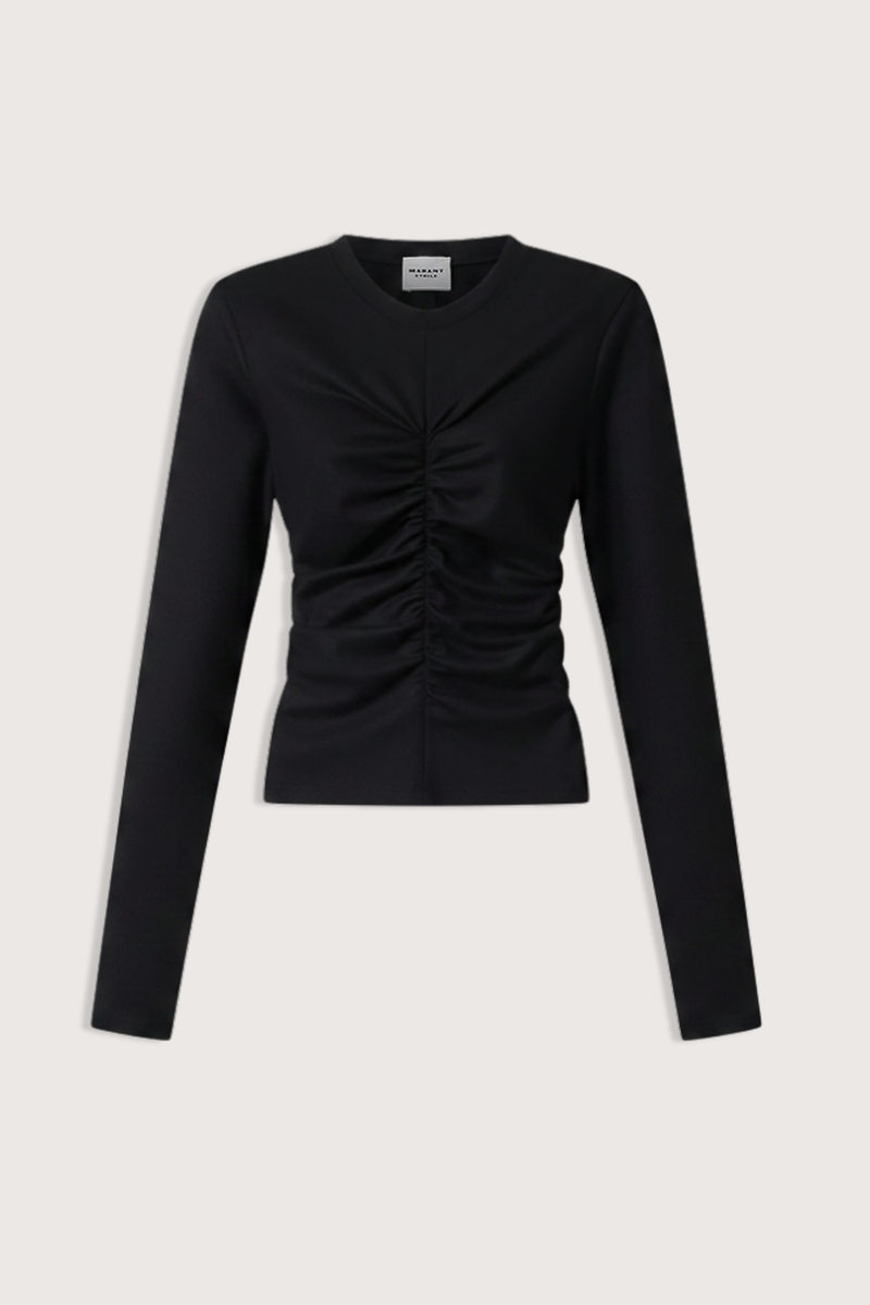 flat lay Delesa Ruched Flannel Jersey Top black Ruched top in solid flannel jersey
Fitted silhouette
Ruching at the front and back
Round neckline
Long sleeves
Polyester 66% Wool 29% Elastane 5%