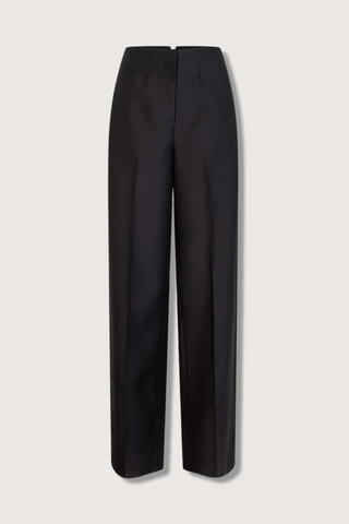 flat lay Deliah Silk Wool Faille Pant black Exaggerated notch back high waisted wide leg