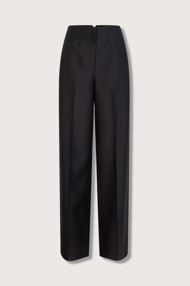 flat lay Deliah Silk Wool Faille Pant black Exaggerated notch back high waisted wide leg