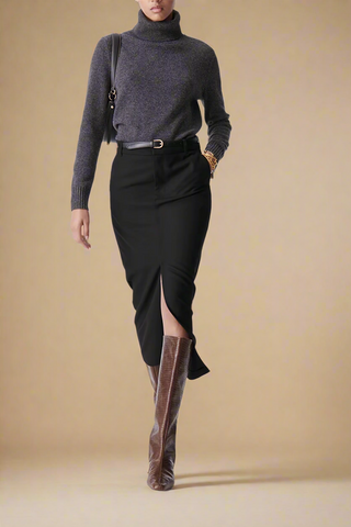 front profile model wearing Denna black pencil Skirt with front slit