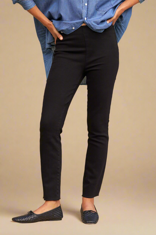 model wearing derry illusion straight leg fit and cropped length Italian Waxed Denim