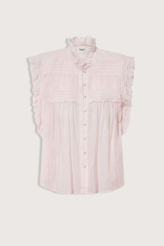 flat lay Dersia Sleeveless Embroidered Top Light Pink cotton voile
Straight fit
Front button closure
Pleated and embroidered bib
High round neckline with embroidered ruffle
Pleated shoulders
Ruffled armholes
Curved hem
100% Cotton