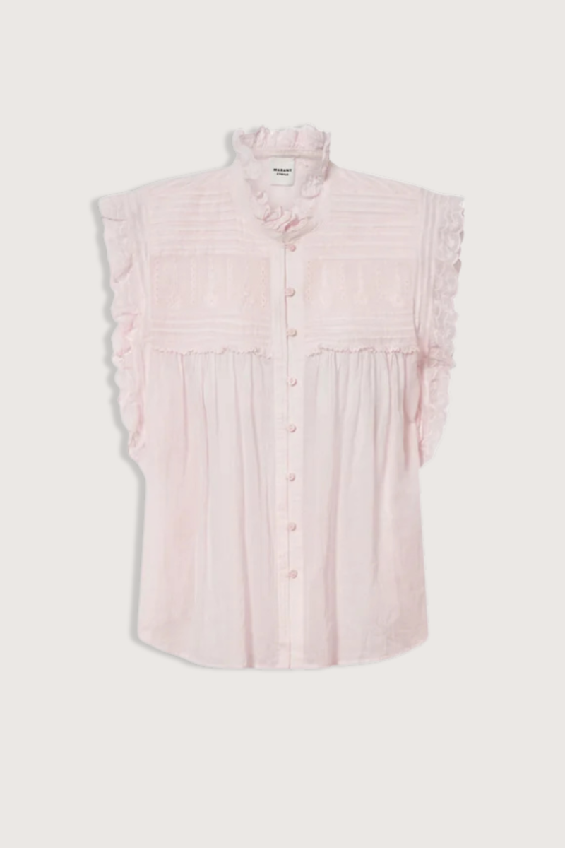 flat lay Dersia Sleeveless Embroidered Top Light Pink cotton voile
Straight fit
Front button closure
Pleated and embroidered bib
High round neckline with embroidered ruffle
Pleated shoulders
Ruffled armholes
Curved hem
100% Cotton