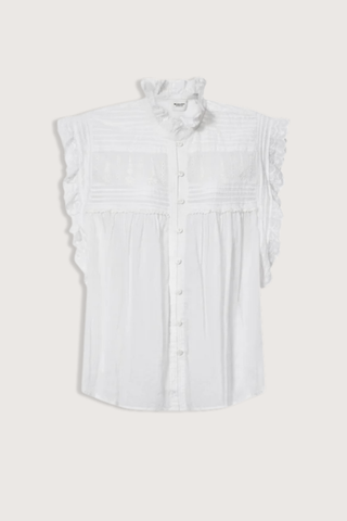 flat lay Dersia Sleeveless Embroidered Top White cotton voile Straight fit
Front button closure
Pleated and embroidered bib
High round neckline with embroidered ruffle
Pleated shoulders
Ruffled armholes
Curved hem
100% Cotton