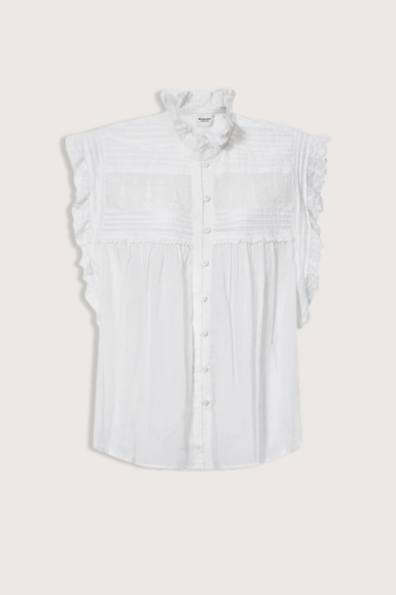 flat lay Dersia Sleeveless Embroidered Top White cotton voile Straight fit
Front button closure
Pleated and embroidered bib
High round neckline with embroidered ruffle
Pleated shoulders
Ruffled armholes
Curved hem
100% Cotton