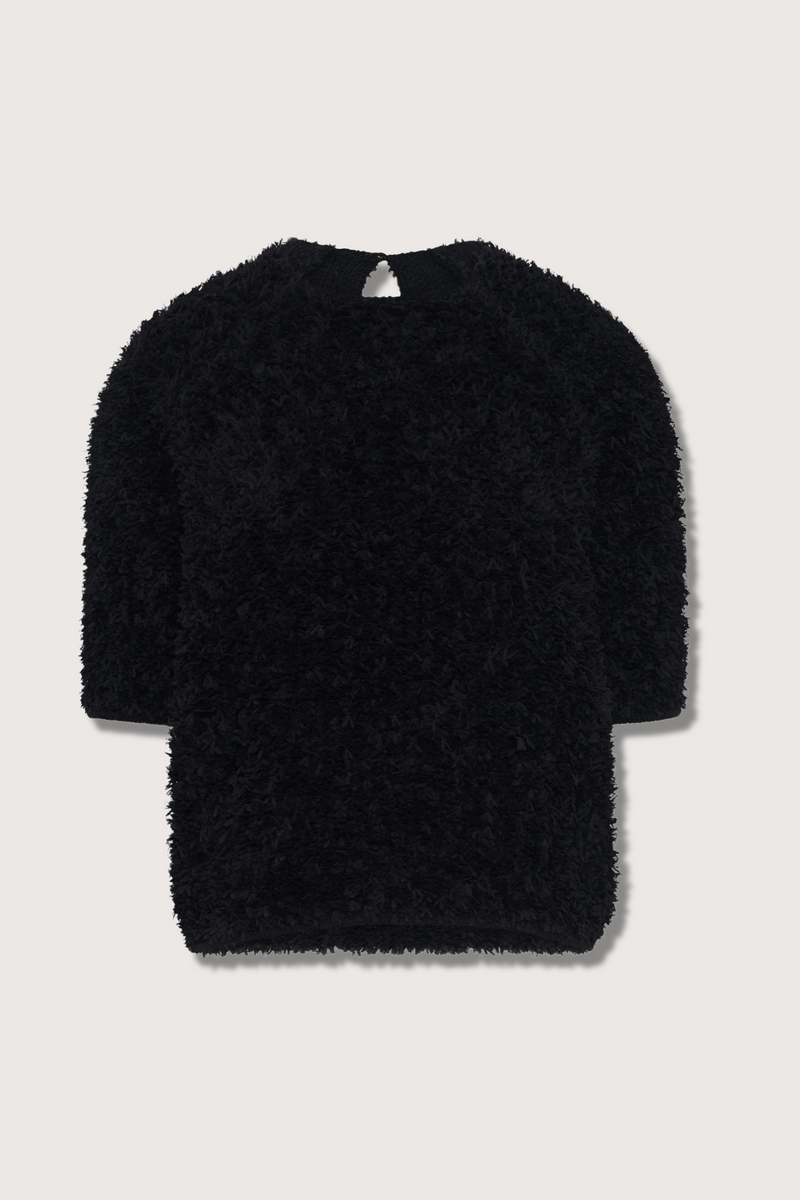 flat lay Desperado Textured Elbow Top Black satin-stitched tulle yarn