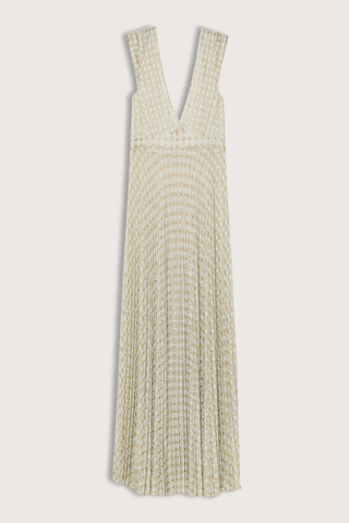 flat lay Diamond Jersey Pleated Dress latte mint color Delicate pattern like a light texture
Pleated dress in diamond jersey
Softly flared skirt
Deep v cut both in front and at the back
Fitted bodice
Gently flaring skirt
Lurex thread running through the jersey