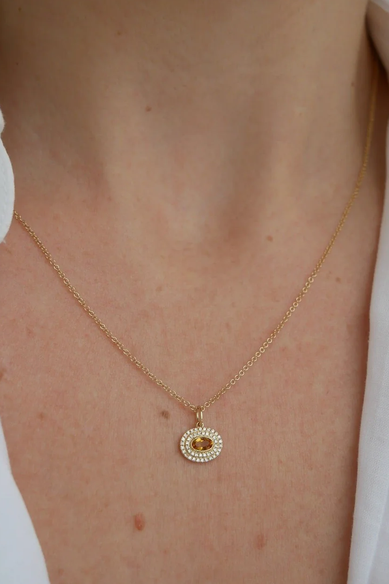 model wearing Diamond & Oval Citrine Gem Necklace 14k gold