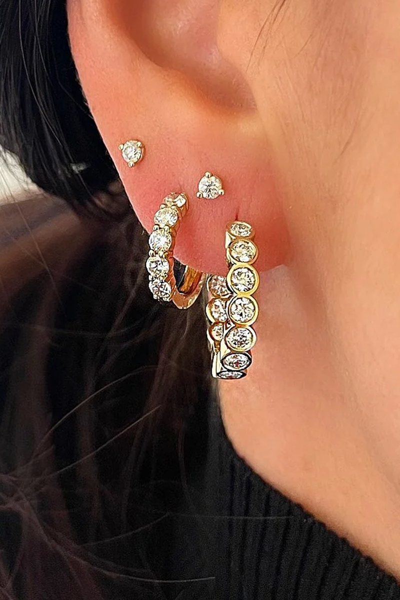 model wearing Diamond Studs 14k gold