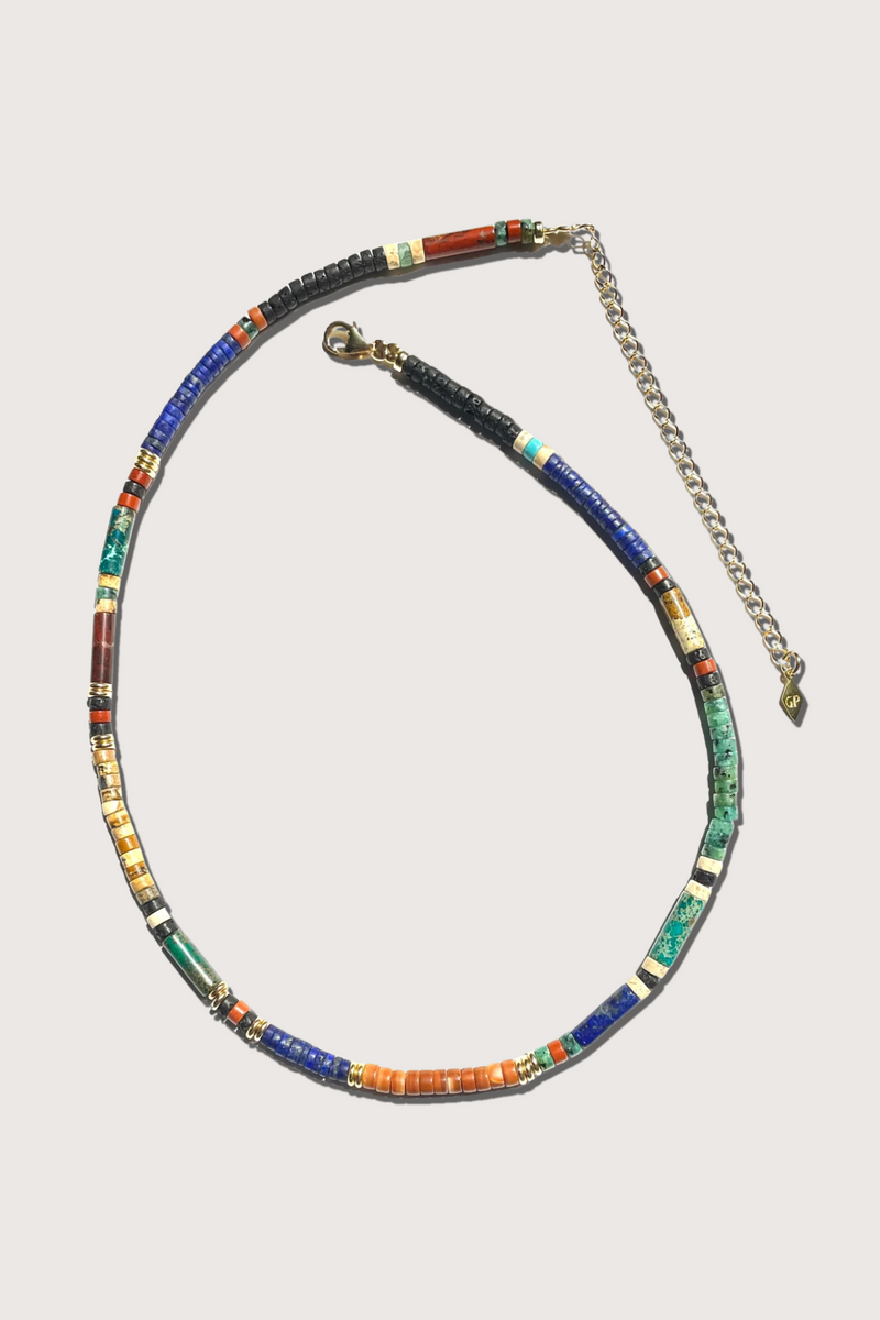 flat lay Diego Medium V1 necklace Short necklace set with different types of gemstones beads (lapis lazuli, jasper, turquoise...) and 18k gold plated finitions. We like the vintage Egyptian spirit for an effortless look.

Each piece is one of a kind.

Length: 18,11" - 46cm and 10cm adjustment chain.

Handmade in Gachon Pothier's Parisian workshop.