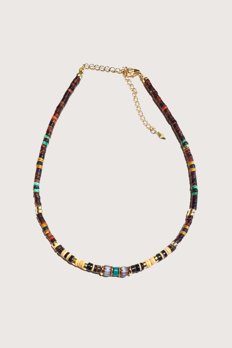 flat lay Diego Necklace 10 Shell, turquoise, jasper, vintage African beads and gold plated 18K