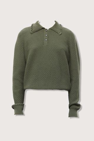 flat lay Ding Light Textured Knit Polo khaki melange green Subtle waffle-knit Knit collar Ruffled finish Ribbing on the sleeve bottoms and body Buttoned placket Mother-of-pearl buttons