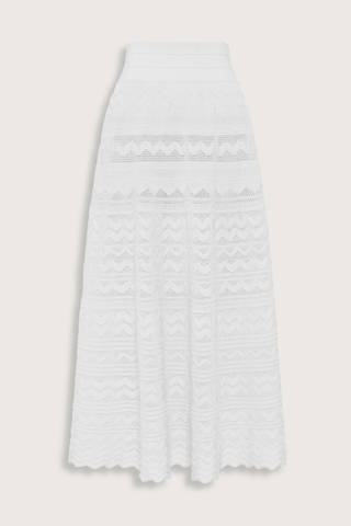 flat lay Diva Pointelle Skirt Milk Structured knit,
Wavy, raised effects
Openwork pointelle stitches
Wide, scallop-edged, elasticized waistband
Croquet Knit
Midi Length