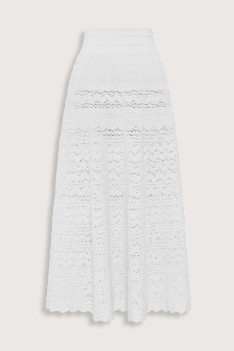 flat lay Diva Pointelle Skirt Milk Structured knit,
Wavy, raised effects
Openwork pointelle stitches
Wide, scallop-edged, elasticized waistband
Croquet Knit
Midi Length