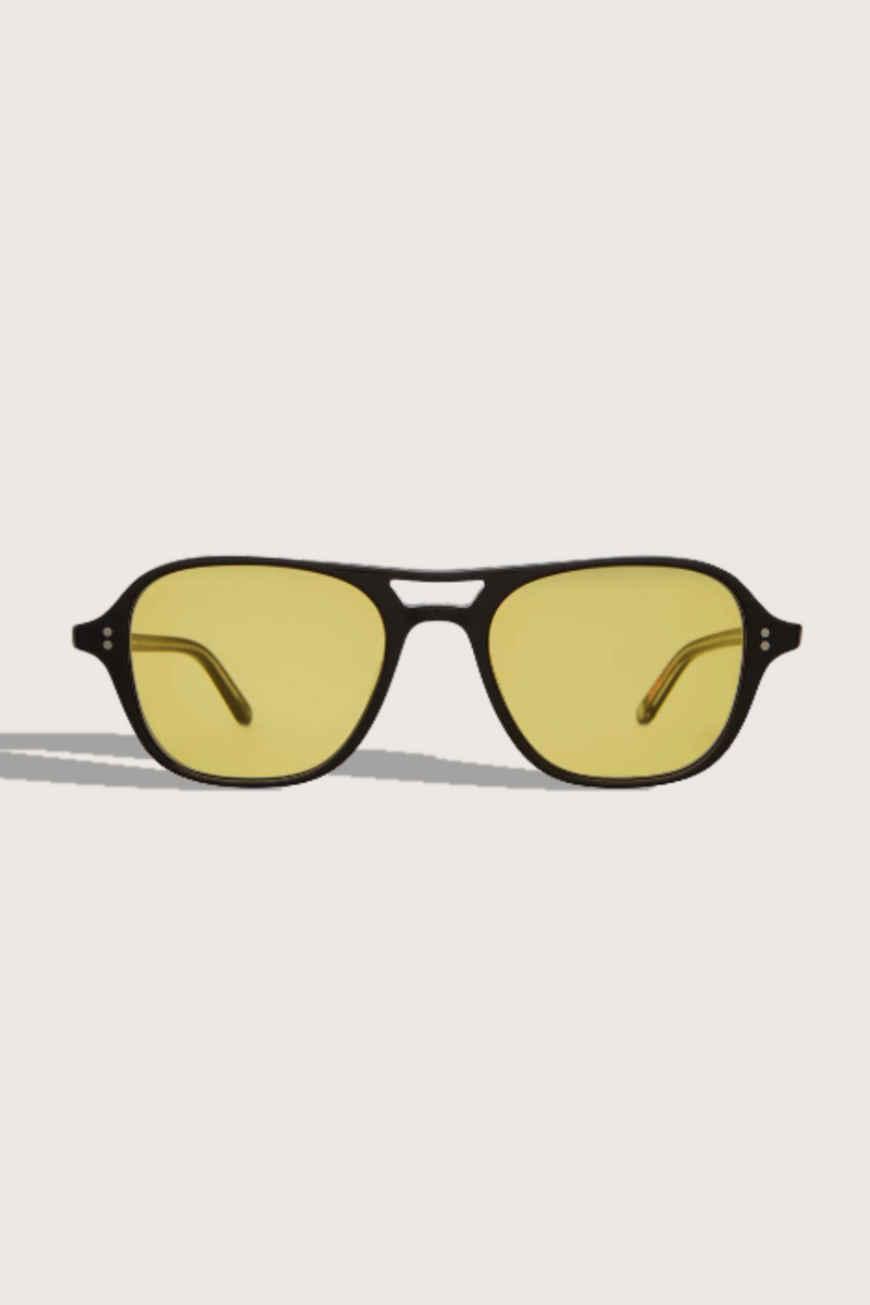 front flat lay profile Doc Sun black frame desert sun yellow lens double bridge and large aviator style