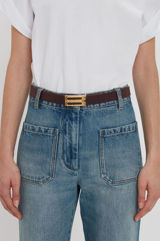 front profile model wearing Dorian Frame Belt Burgundy Smooth Calf Leather
Luxury gold plated hardware
100% Calf Leather