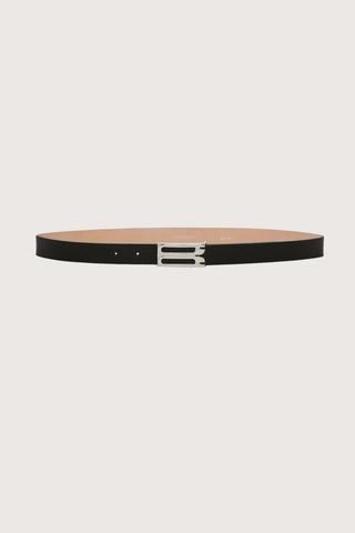 front flat lay Dorian Frame Belt Grainy Calf black silver Signature B frame silver hardware buckle
100% black nappa leather
Width 23mm