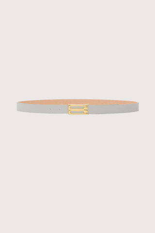 front profile Dorian Frame Belt Magnesium grey leather Signature gold plated hardware
100% Leather